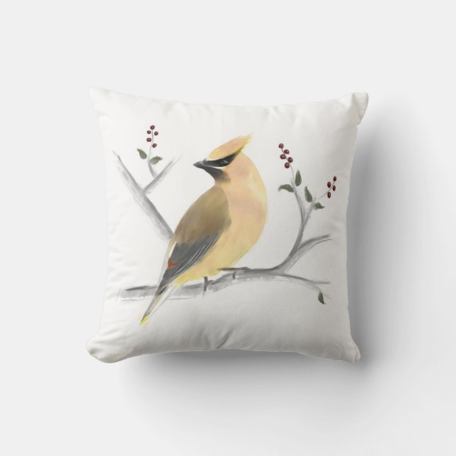 Watercolor Cedar Waxwing Throw Pillow (Front)