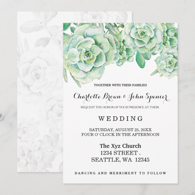 watercolor celadon succulent wedding invitations (Front/Back)