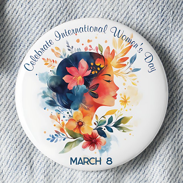 Watercolor Celebrate International Women's Day 2 Inch Round Button (Celebrate International Women's Day March 8 pinback button.)