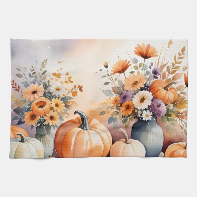 Watercolor celebrating fall kitchen towel (Horizontal)