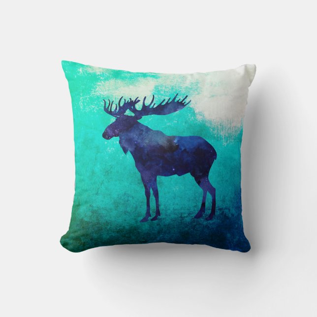 Watercolor Celestial Moose Silhouette Throw Pillow (Front)