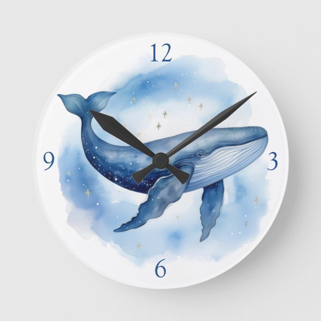 Watercolor Celestial Whale Round Clock (Front)