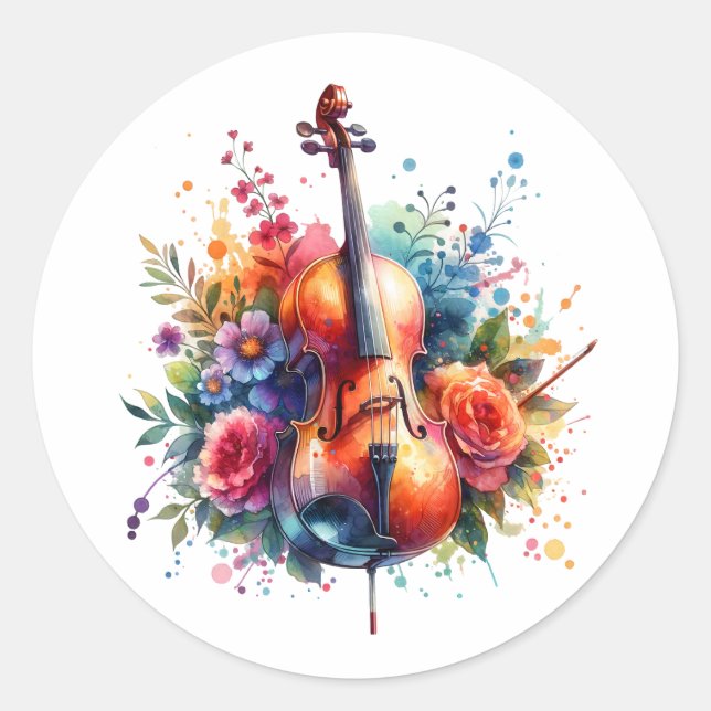 Watercolor Cello and Flowers   Classic Round Sticker (Front)