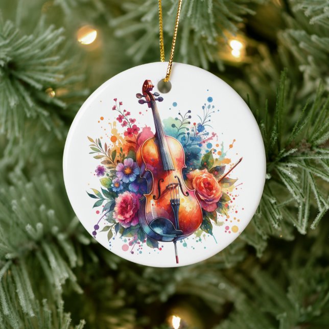 Watercolor Cello and Flowers Personalized  Ceramic Ornament (Tree)