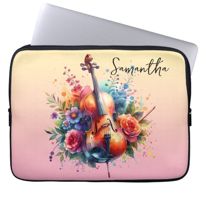 Watercolor Cello and Flowers Personalized Laptop Sleeve (Front)
