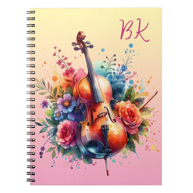 Watercolor Cello and Flowers Personalized Notebook (Front)
