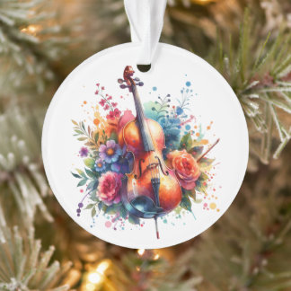 Watercolor Cello and Flowers Personalized Ornament