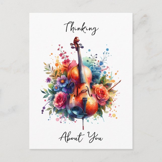 Watercolor Cello and Flowers Thinking About You Postcard (Front)
