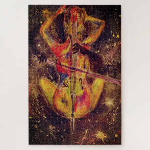 Watercolor - Cello Space Sonata - Lady and Cello Jigsaw Puzzle