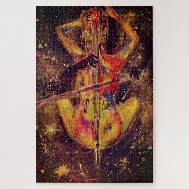 Watercolor - Cello Space Sonata - Lady with Cello Jigsaw Puzzle (Vertical)