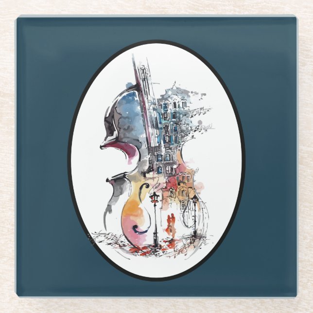 Watercolor Cello Vignette Glass Coaster (Front)