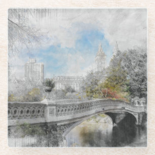 Watercolor Central Park Bridge Glass Coaster 