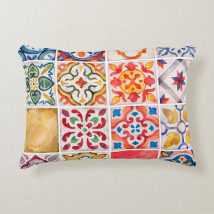 Watercolor ceramic tiles collection. Square vintag Accent Pillow