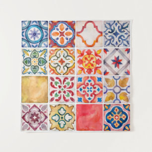 Watercolor ceramic tiles collection. Square vintag Tapestry
