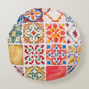 Watercolor ceramic tiles collection. Wintag Square Round Pillow