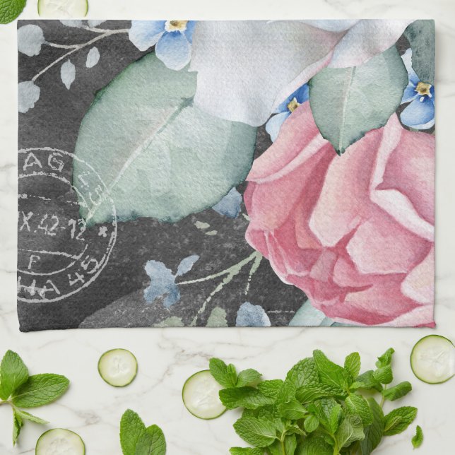 Watercolor Chalkboard Roses  Kitchen Towel (Folded)