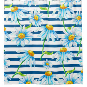 Watercolor chamomile on a white-blue striped backg