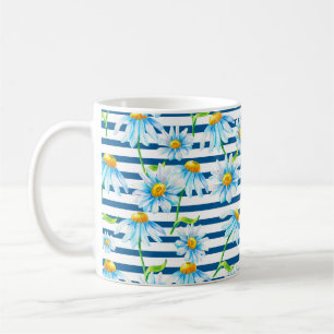 Watercolor chamomile on a white-blue striped backg coffee mug