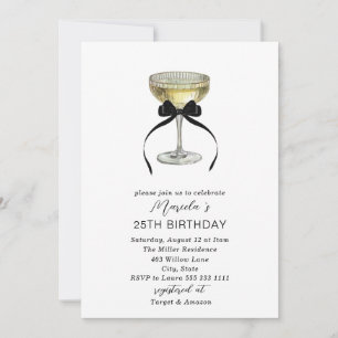  Watercolor Champagne coupe black bow  25th birthd Invitation