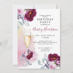 Watercolor Champagne Glass Floral Birthday Party Invitation