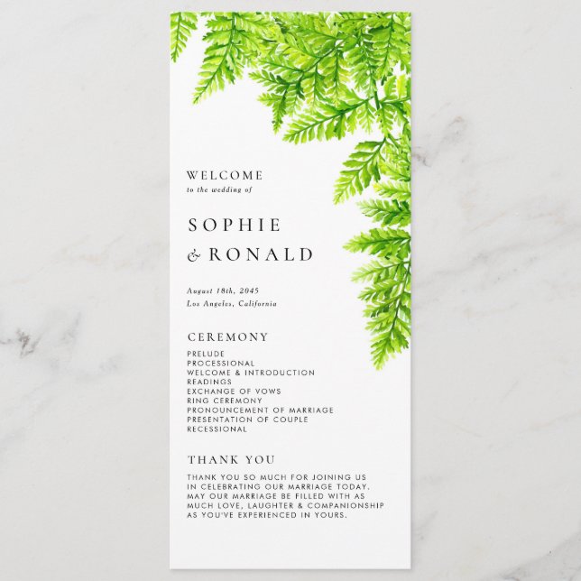 Watercolor Chartreuse Green Fern Leaves Wedding Program (Front)