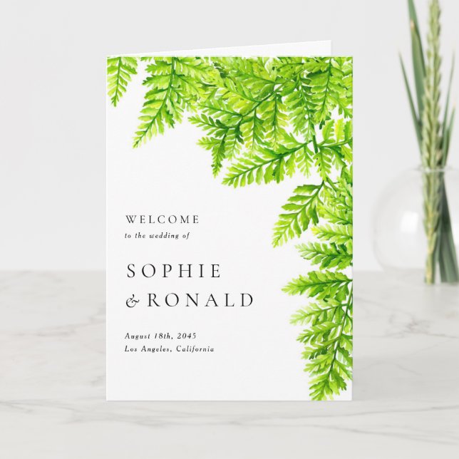 Watercolor Chartreuse Green Fern Leaves Wedding Program (Front)