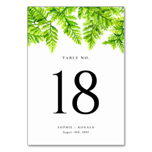 Watercolor Chartreuse Green Fern Leaves Wedding Table Number