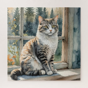 Watercolor Chat assis sur la fenêtre Ledge Puzzle