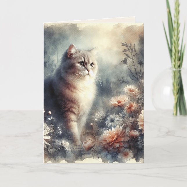 Watercolor Chat & Floral - Carte de fête des mères (Devant)