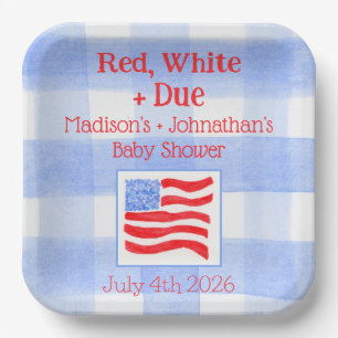 Watercolor Check US Flag Red White Due Baby Shower Paper Plate