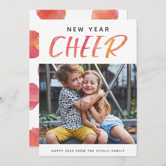 Watercolor Cheer Photo New Year Card | Sunshine (Front/Back)