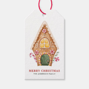 Watercolor Cheerful Gingerbread House Christmas Gift Tags
