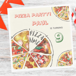 Watercolor cheesy pizza party birthday napkin