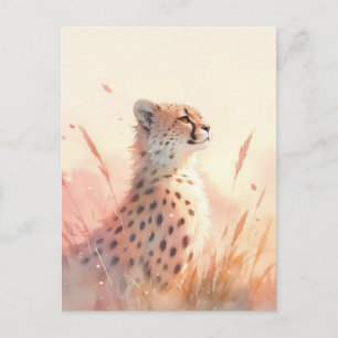 Watercolor Cheetah Cub in Golden Grass Field Postcard