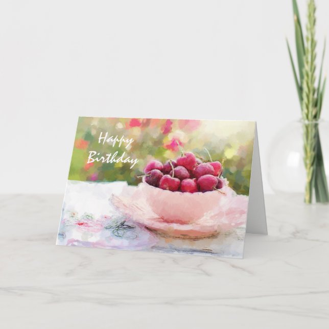 Watercolor Cherries Add Age Fun Birthday Greeting Card (Front)