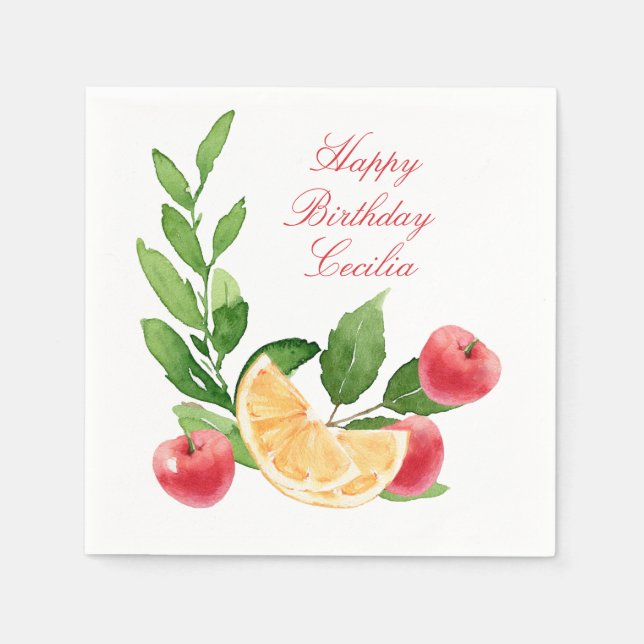 Watercolor Cherries and Orange Slices Paper Napkin (Front)