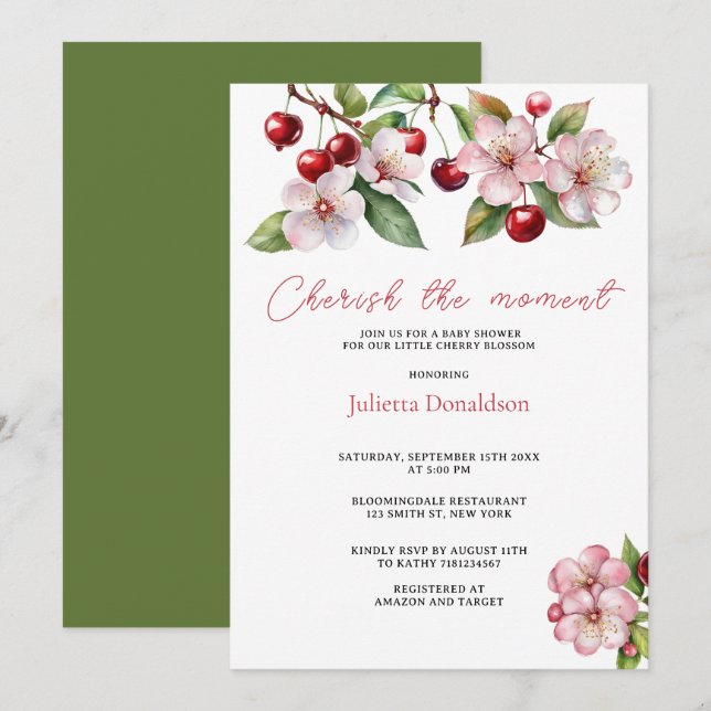 Watercolor Cherries Cherry Blossoms Baby Shower Invitation (Front/Back)