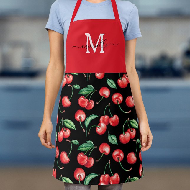 Watercolor Cherries Monogram Black Apron (Creator Uploaded)