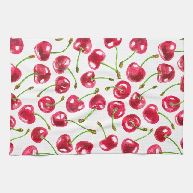 Watercolor cherries pattern kitchen towel (Horizontal)