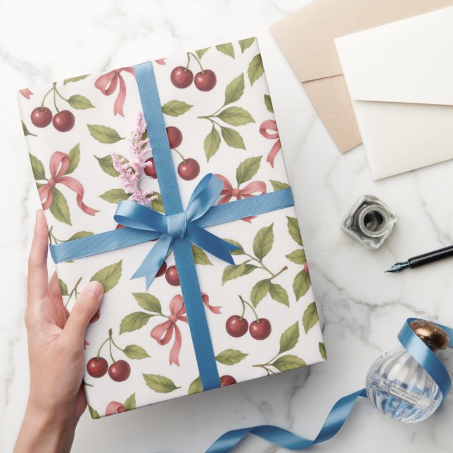 Watercolor Cherries with Bow - Elegant Fruit  Wrapping Paper (Gifting)