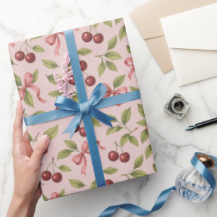 Watercolor Cherries with Bow - Elegant Fruit  Wrapping Paper