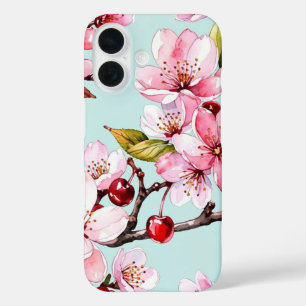 Watercolor Cherry and Flowers iPhone 16 Case