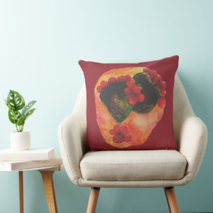 Watercolor Cherry and Green prickly pears Cactus Throw Pillow
