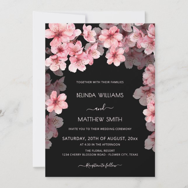  Watercolor Cherry Blossom Black Wedding Invitation (Front)