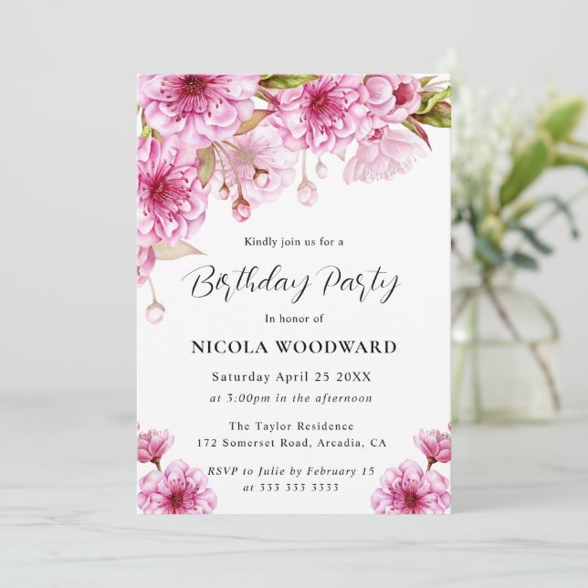 Watercolor Cherry Blossom Branch Birthday Party Invitation (Standing Front)