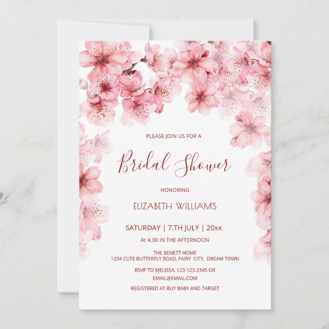  Watercolor Cherry Blossom Bridal Shower Invitation (Front)