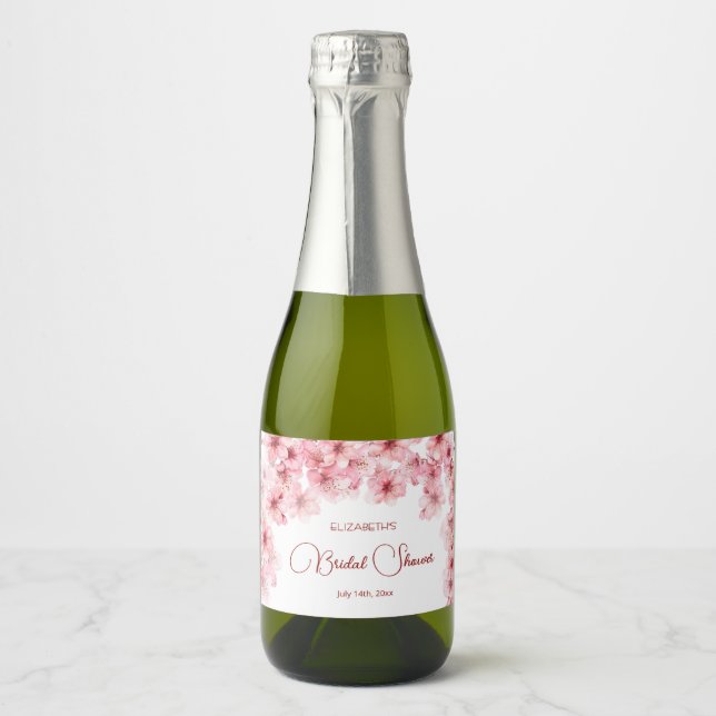  Watercolor Cherry Blossom Bridal Shower Sparkling Wine Label (Front)