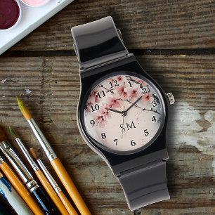 Watercolor Cherry Blossom Floral Girly Monogrammed Watch