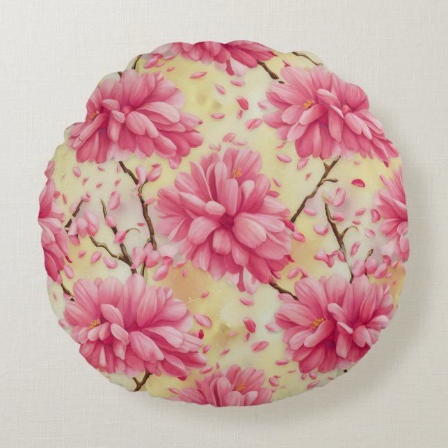 "Watercolor Cherry Blossom Floral Pattern" Round Pillow (Front)