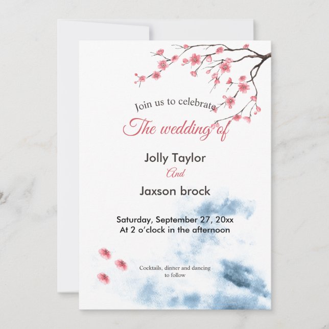 Watercolor Cherry Blossom Floral Wedding  Invitation (Front)